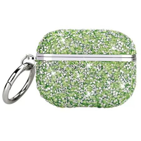 Husa antisoc cu Strasuri, pentru Airpods Pro, Model Glamour, Design fashion, Carabina integrata, Verde